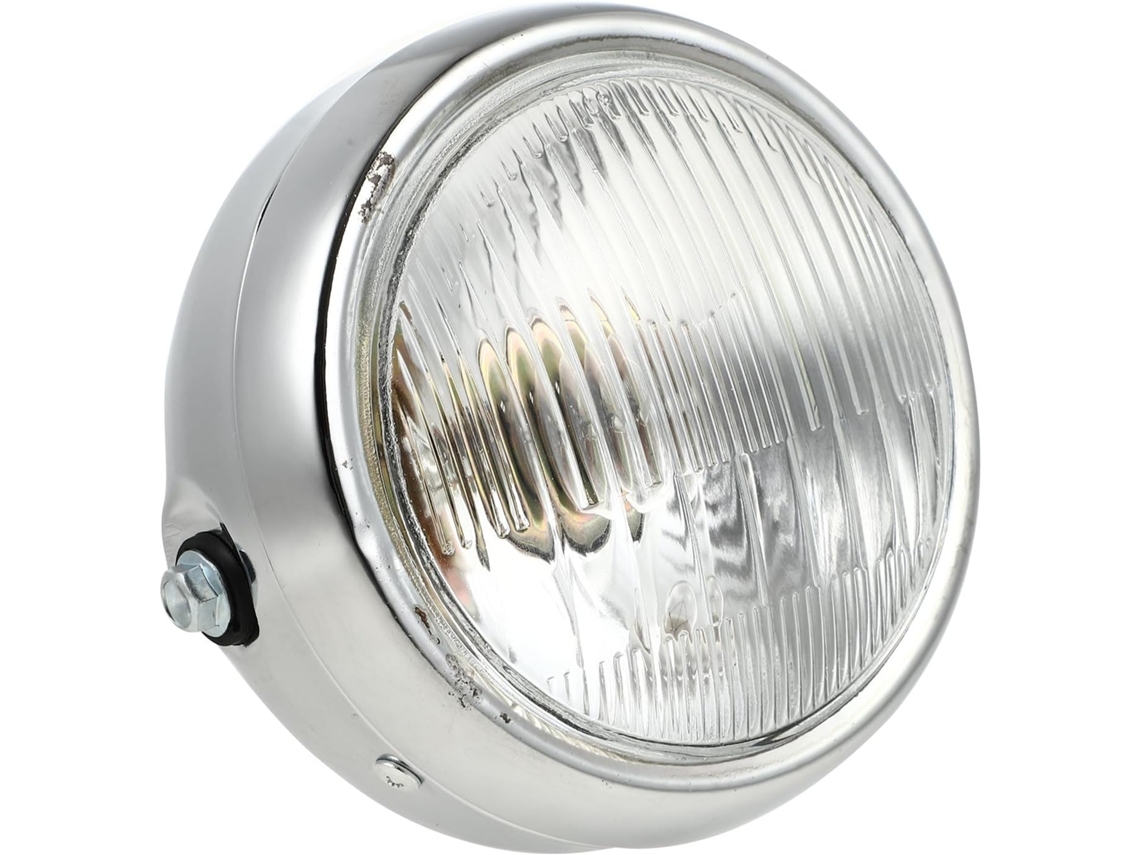 Farol Retrô Redondo Prateado Para Motocicleta Em Ferro E Vidro, Design Compacto E Resistente À Ferrugem.