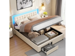 Cama De Casal Estofada 140x190 Cm,arrumação Hidráulica, Luzes Rgb No Cabeceira Com Comando,2 Gavetas,tecido Veludo Bege,sem Colchão