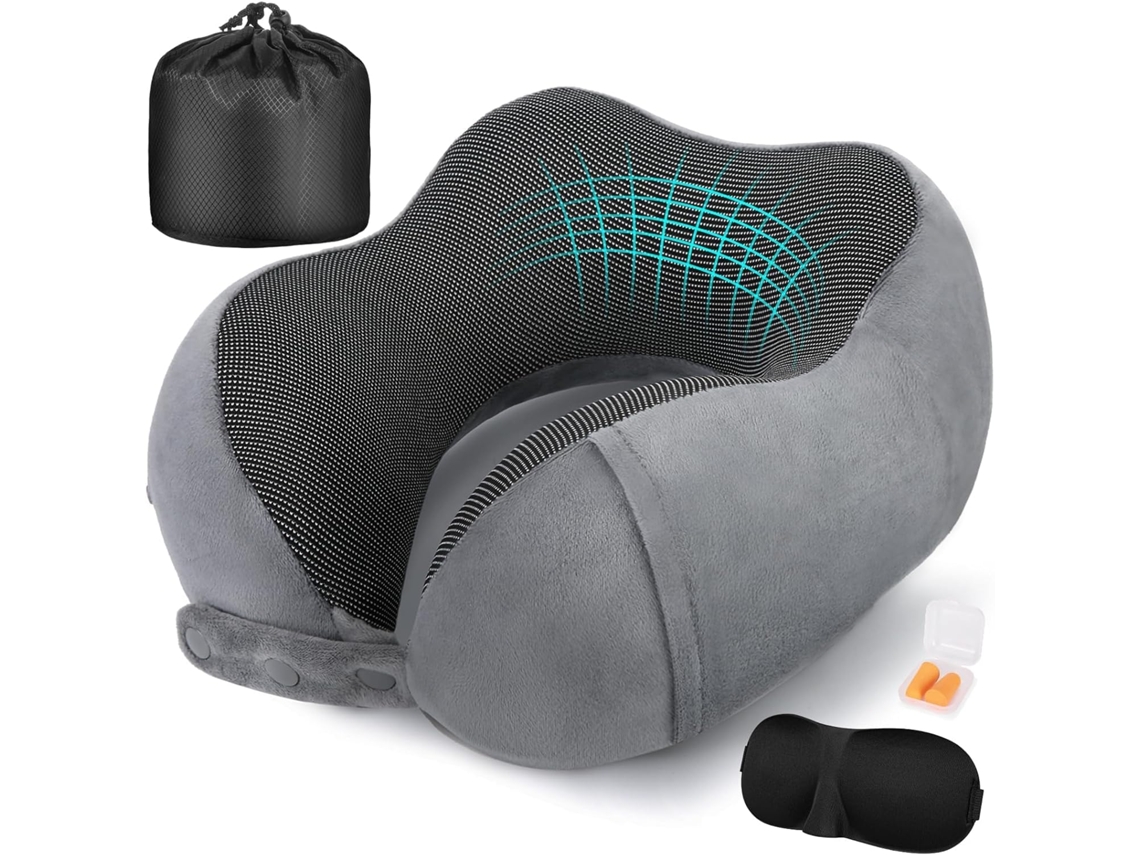 Travesseiro De Pescoço Em Espuma Viscoelástica, Ajustável, Para Viagem, Com Suporte O Pescoço, Máscara Os Olhos E Protetores Auric Aquaforge