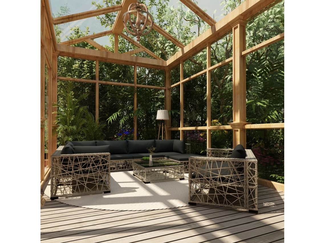 Vidaxl 10 Pcs Conjunto Lounge De Jardim C/ Almofadões Vime Pe Cinzento