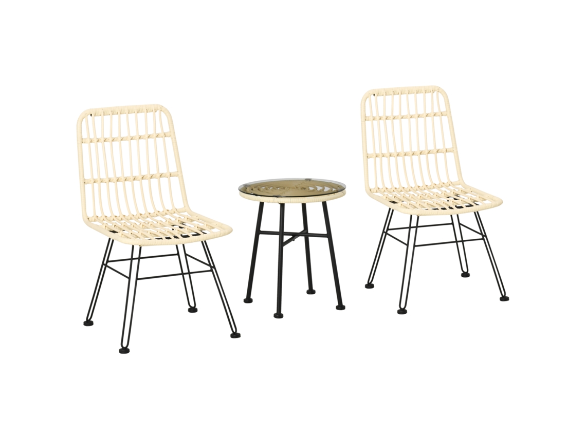 Conjunto Bistrô, Cor Creme, Em Aço E Vidro E Ratã, Com Mesa, 2 Cadeiras