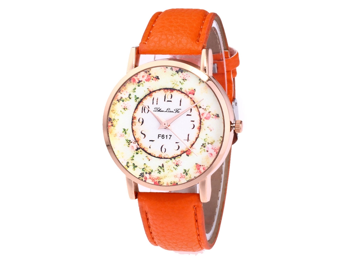 Relógio de Pulso Feminino de Moda com Pulseira de Couro Pu e Mostrador Redondo Laranja