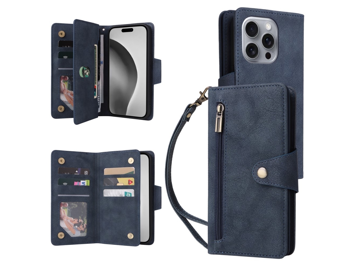 Capa Em Couro Pu Para Apple Iphone 16 Pro Max, Azul