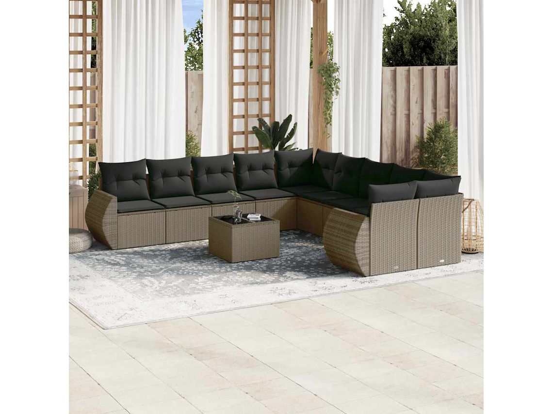 Vidaxl 11 Pcs Conjunto Sofás De Jardim C/ Almofadões Vime Pe Cinzento