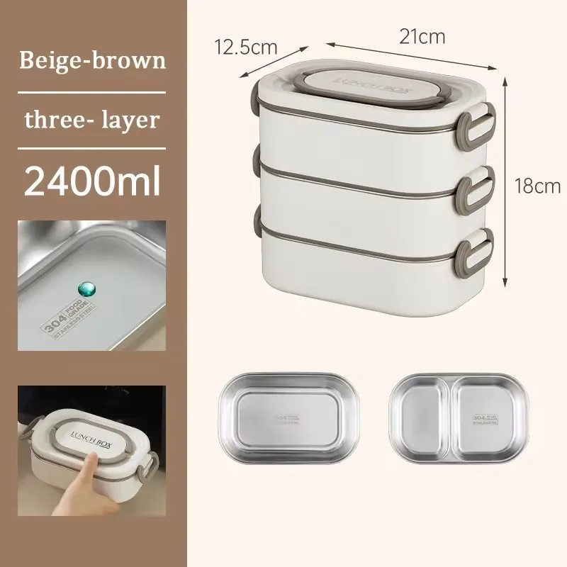 Lancheira Térmica Portátil em Aço Inoxidável 304, Própria para Micro ondas, com Grande Capacidade. MDUG (branca, 3 Camadas)