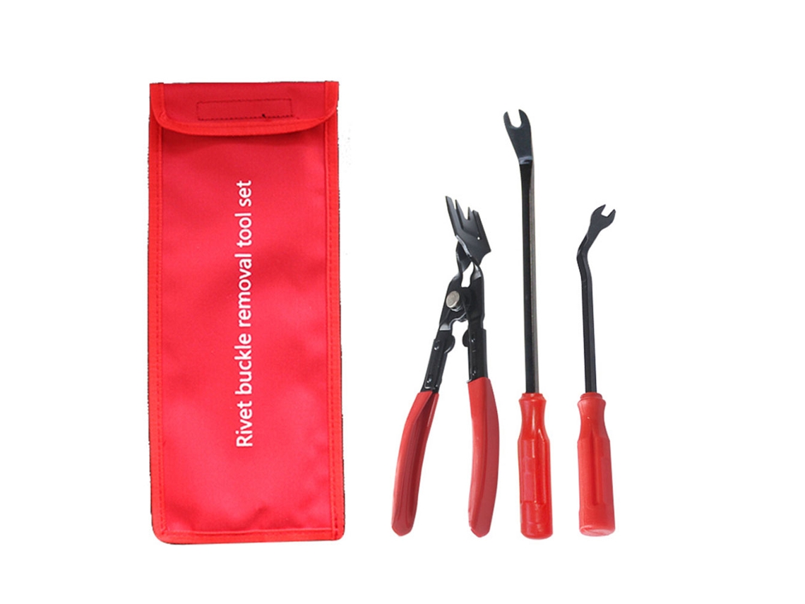 Kit de reparo de estofamento automotivo com 3 alicates e extratores de pregos para painel de instrumentos e bolsa de armazenamento para o painel.