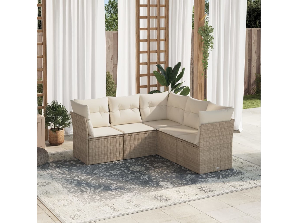 Vidaxl 5 Pcs Conjunto De Sofás P/ Jardim Com Almofadões Vime Pe Bege
