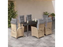 7 Pcs Conjunto De Jantar P/ Jardim Com Almofadões Vime Pe Bege Dkd Home Decor