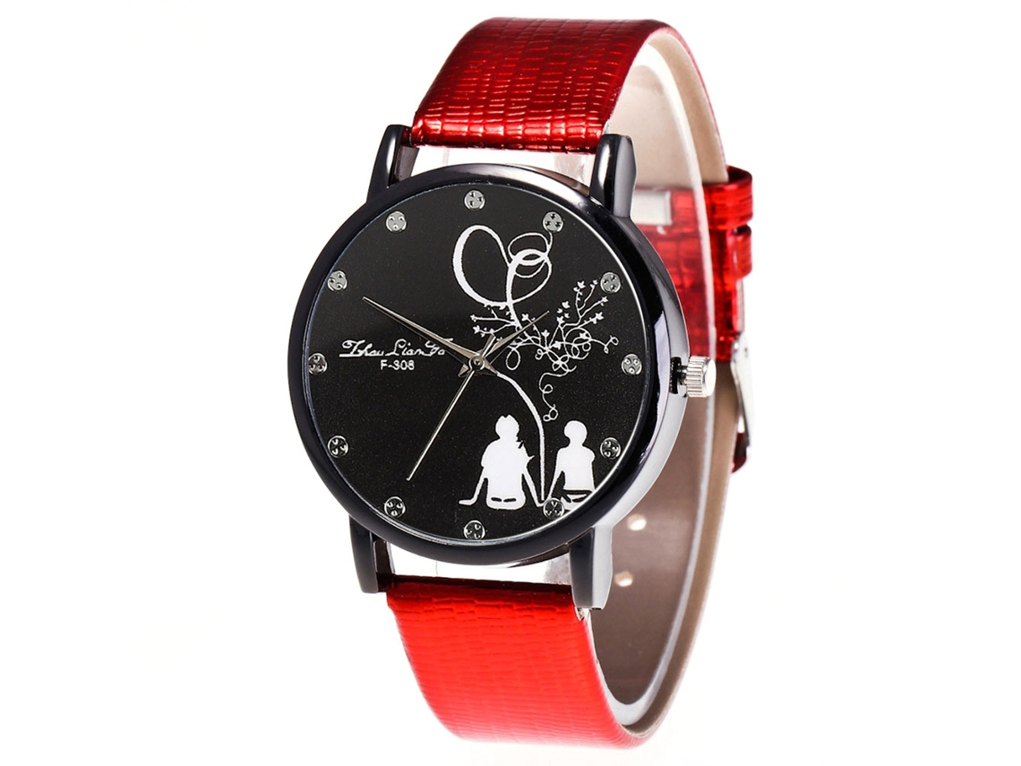 Relógio de quartzo unissex com pulseira de couro PU, mostrador redondo, estampa de casal (vermelho)