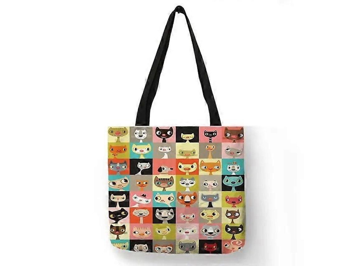 Bolsa de Compras Feminina com Estampa Floral Gatinho Desenho Animado, Ombro em Tecido Linho, Ec Ológica, Reutilizável e do GOKOCO