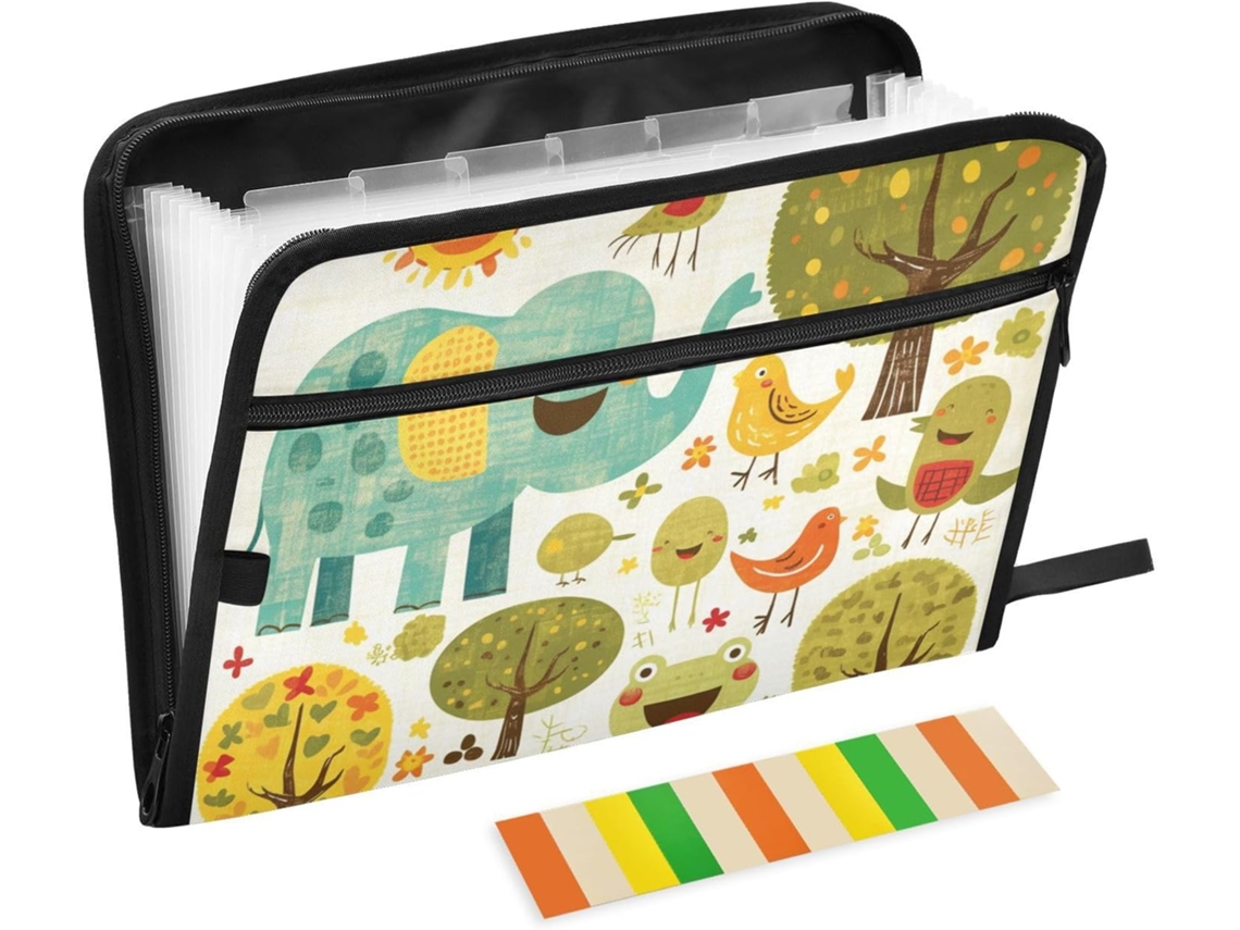 Pastas Expansíveis Com 13 Bolsos, Tamanho A4, Com Fecho De Zíper Documentos, Estampa De Rabiscos, Elefante E