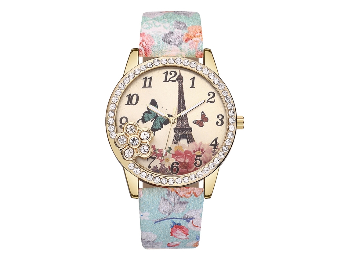 Relógio Feminino Vansvar de Quartzo com Pulseira de Couro Pu Padrão Torre Eiffel e Strass Verde