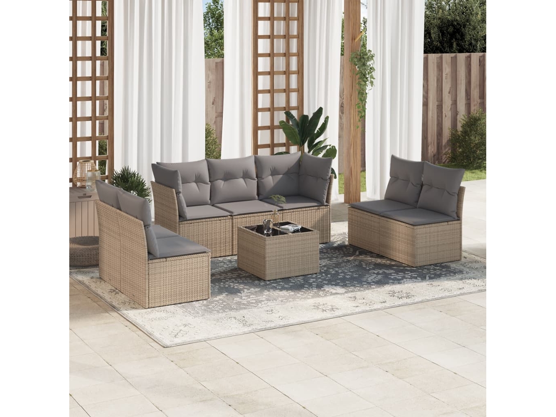 8 Pcs Conjunto De Sofás P/ Jardim Com Almofadões Vime Pe Bege Dkd Home Decor