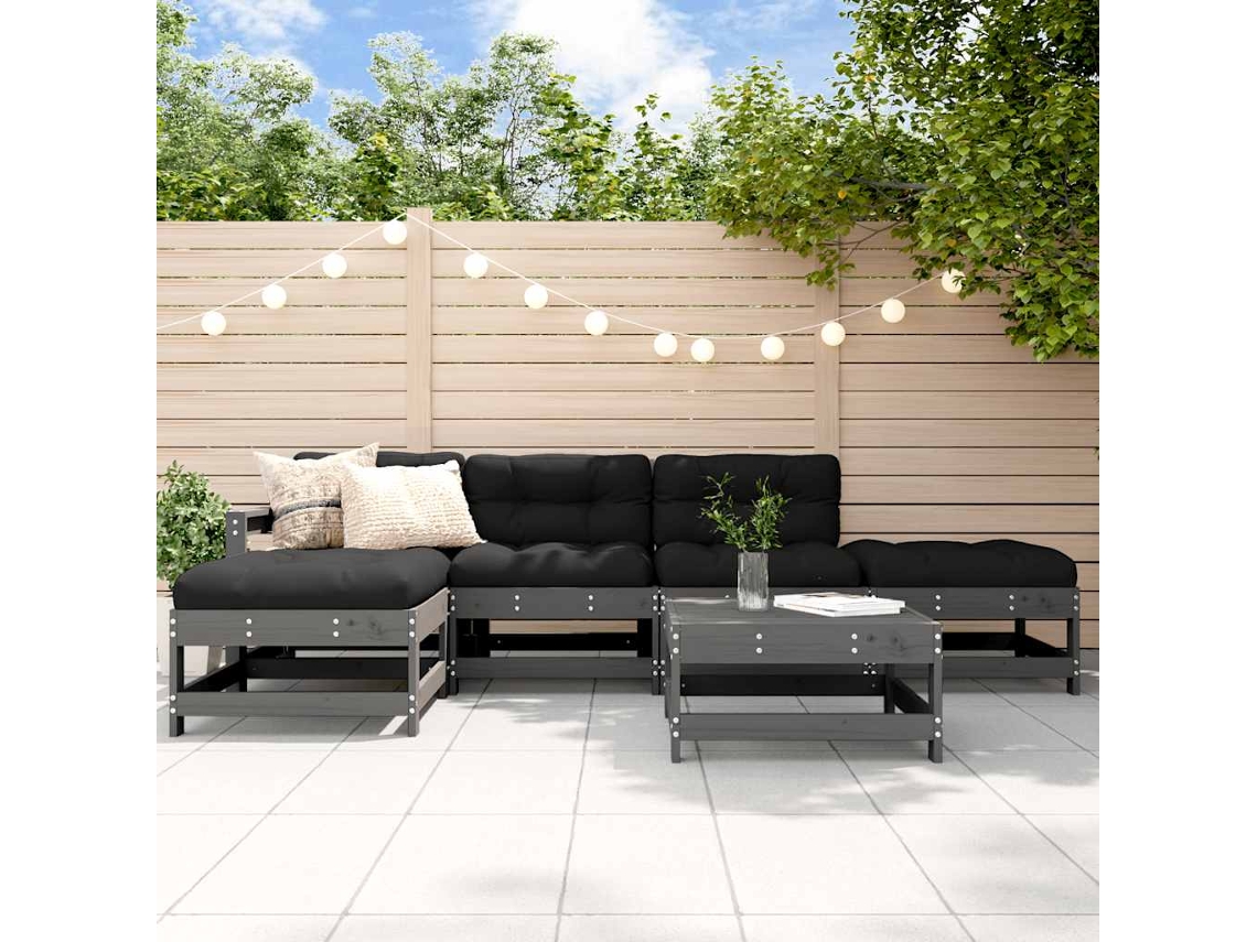 Vidaxl 6 Pcs Conjunto Lounge Jardim C/ Almofadões Madeira Maciça Cinza