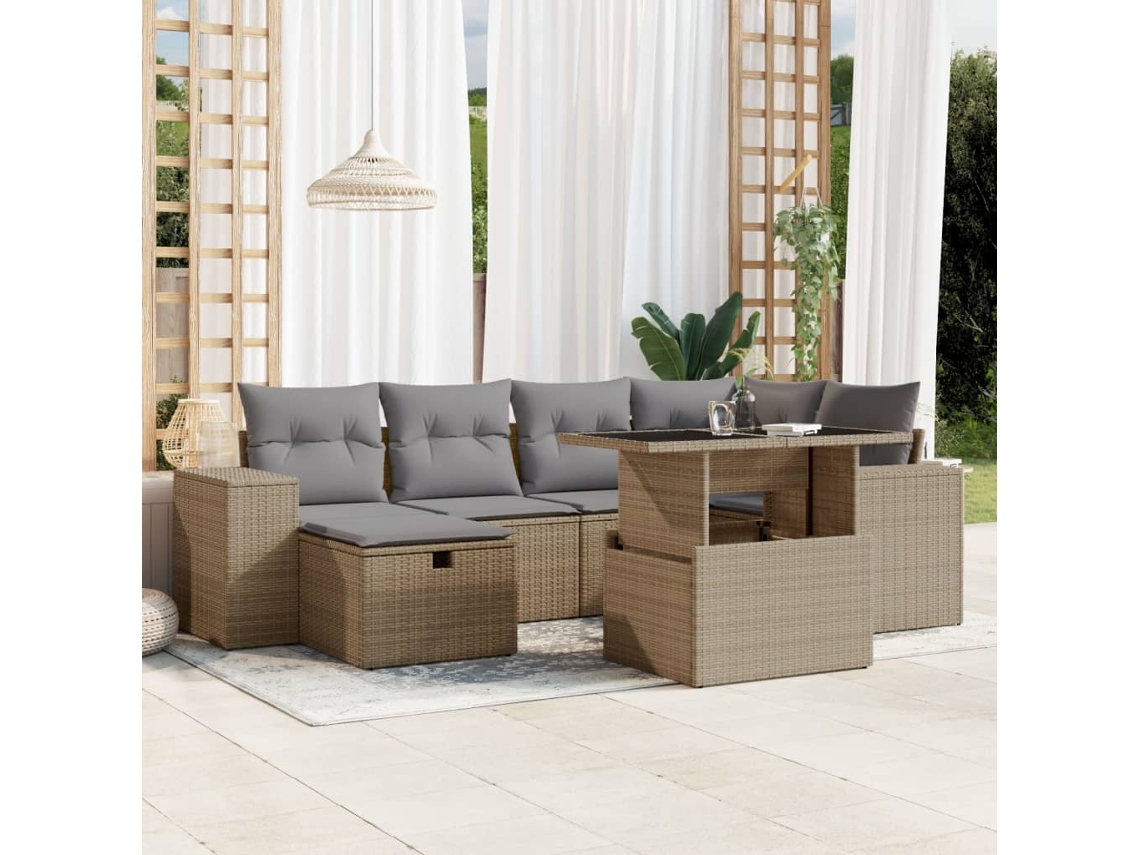 Vidaxl 7 Pcs Conjunto De Sofás P/ Jardim Com Almofadões Vime Pe Bege