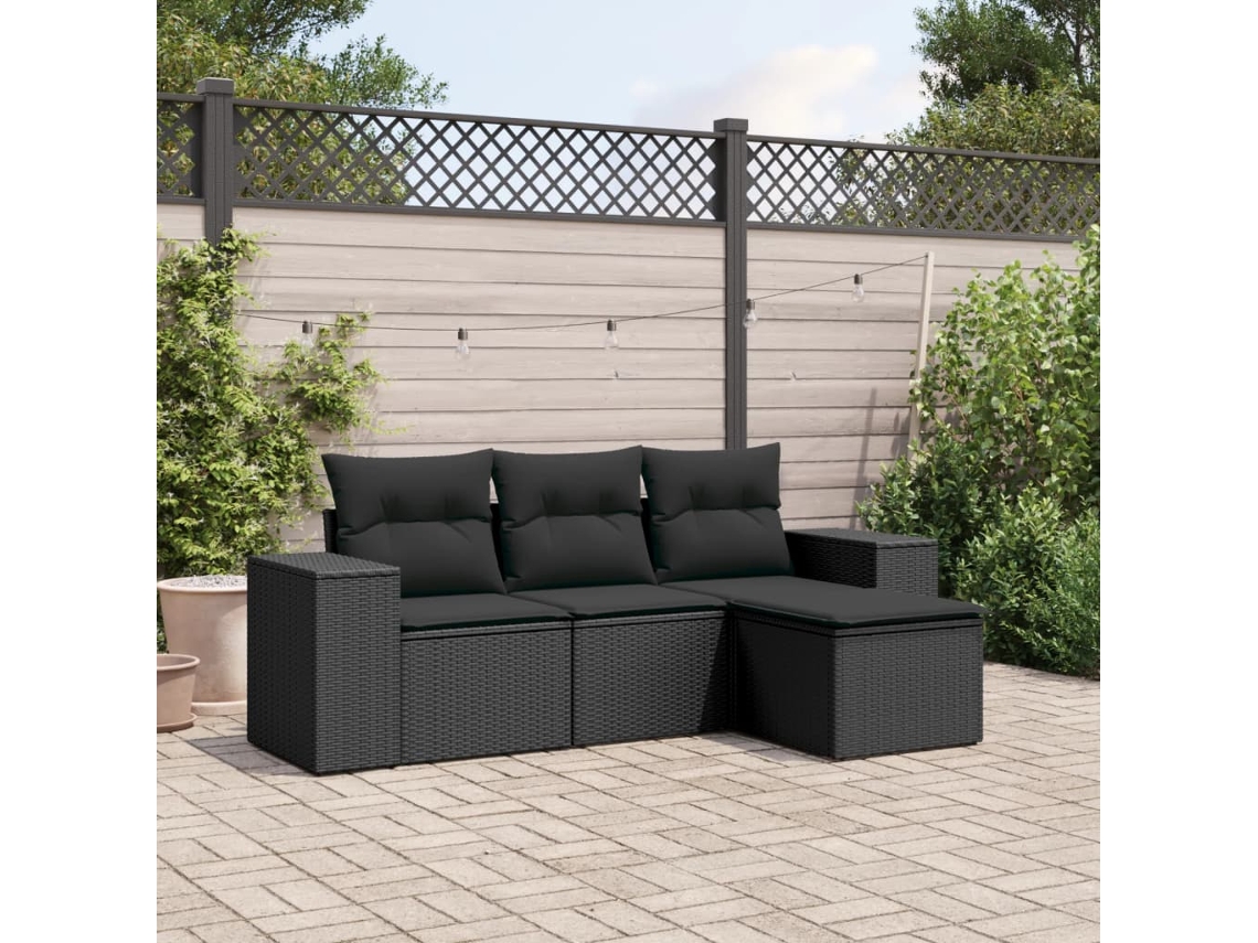 Vidaxl 4 Pcs Conjunto De Sofás Para Jardim C/ Almofadões Vime Pe Preto