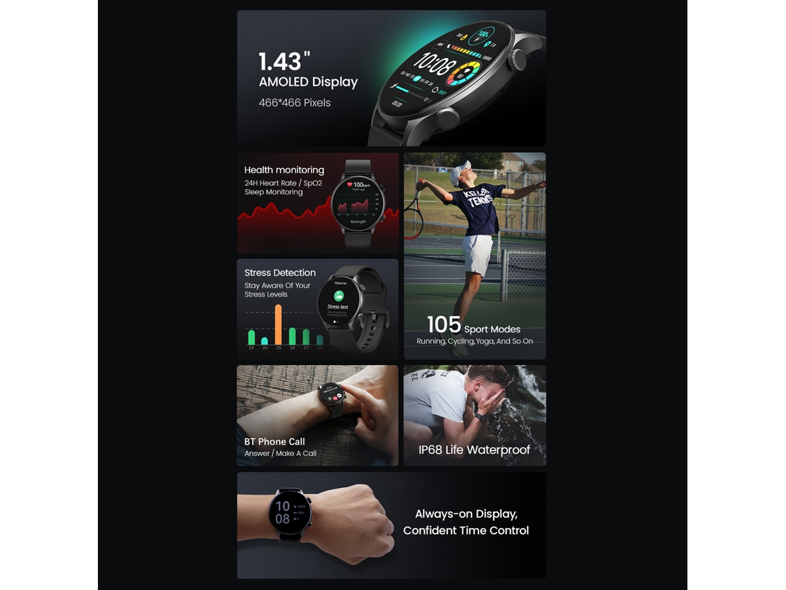 Relógio Inteligente Hd De 1.43" Haylou Com Chamada Via Bt, 105 Modos Esportivos E Rastreador De Fitness Ip68
