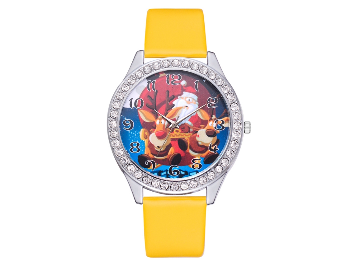 Relógio feminino de quartzo elegante com strass e pulseira de couro PU (amarelo)