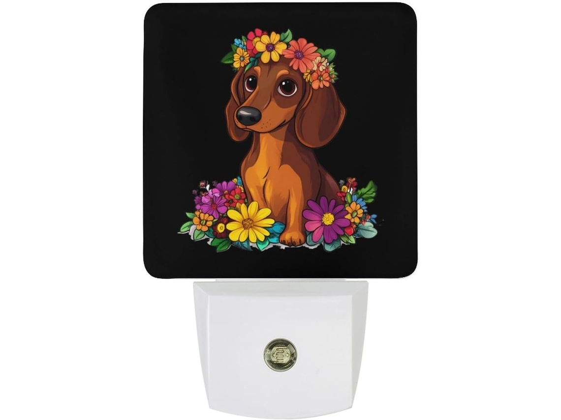 Luminária de parede LED com sensor crepuscular em formato de filhote de dachshund e flor.
