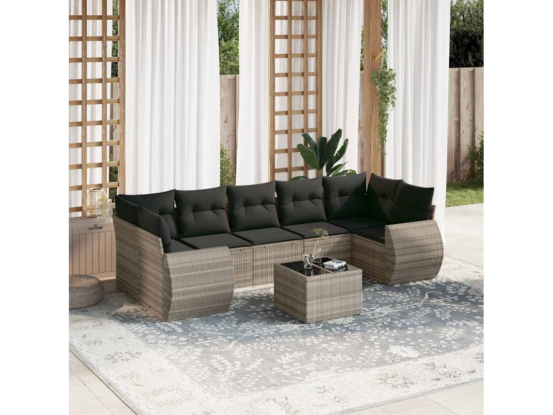 Vidaxl 8 Pcs Conj. Sofás Jardim C/ Almofadões Vime Pe Cinzento claro