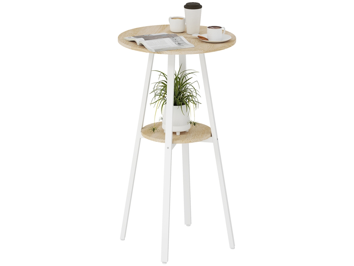 Mesa Alta De Cozinha Redonda Com Prateleira De Armazenamento Para 2 Pessoas Com Estrutura De Metal 55x55x95 Cm Madeira E Branco