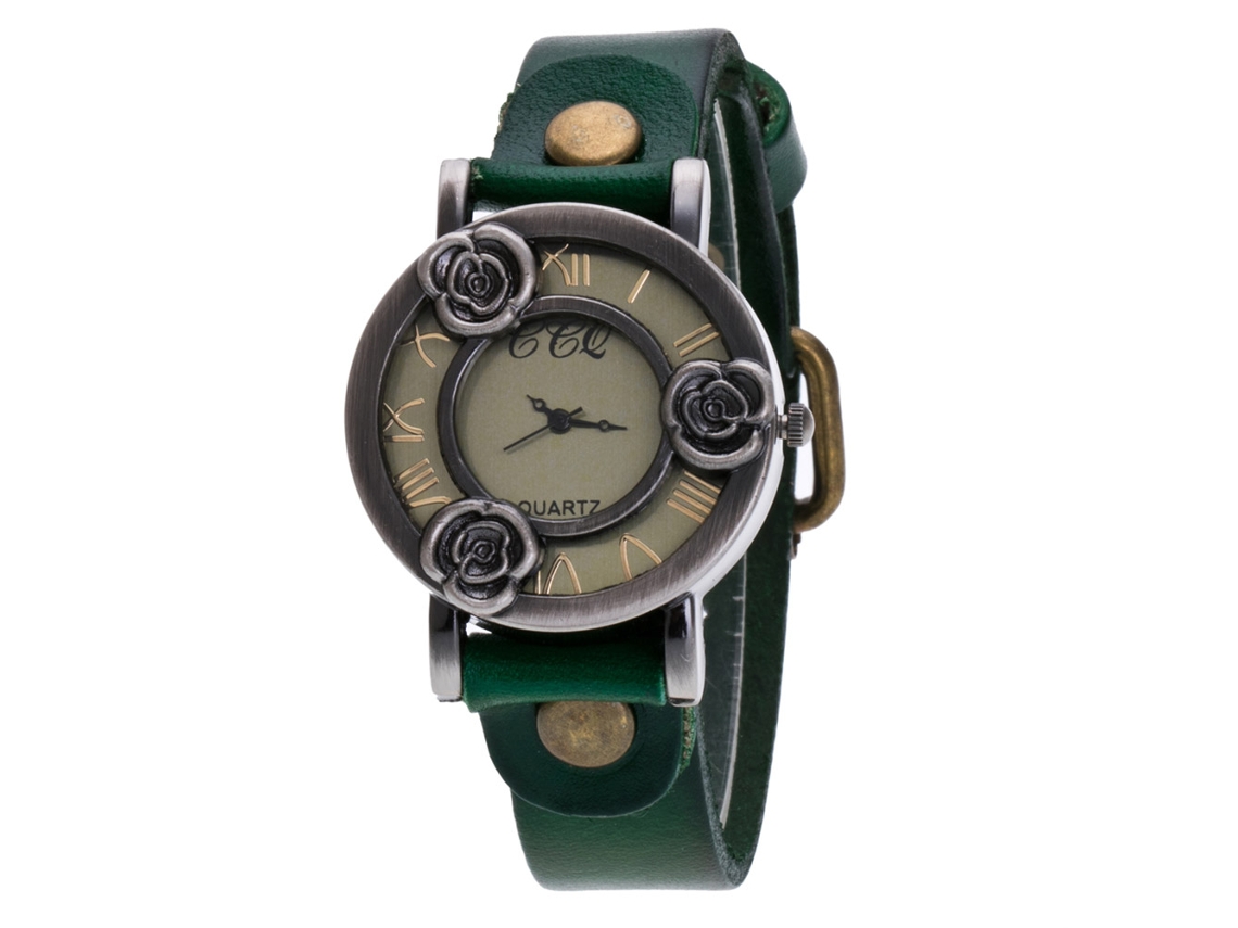 Relógio Feminino de Quartzo com Números Romanos Pulseira Pu Floral Oca (verde)