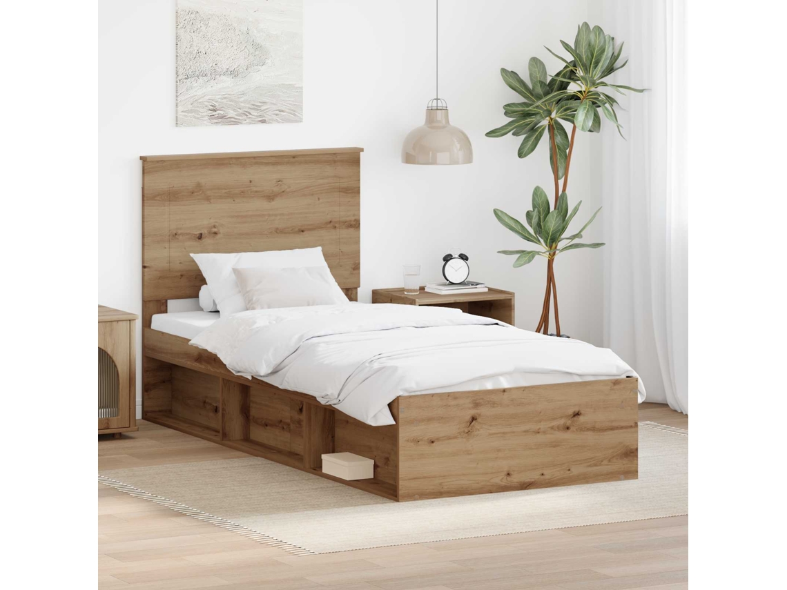Vidaxl Estrutura Da Cama Com Cabeceira Carvalho Artesanal 90 X 190 Cm