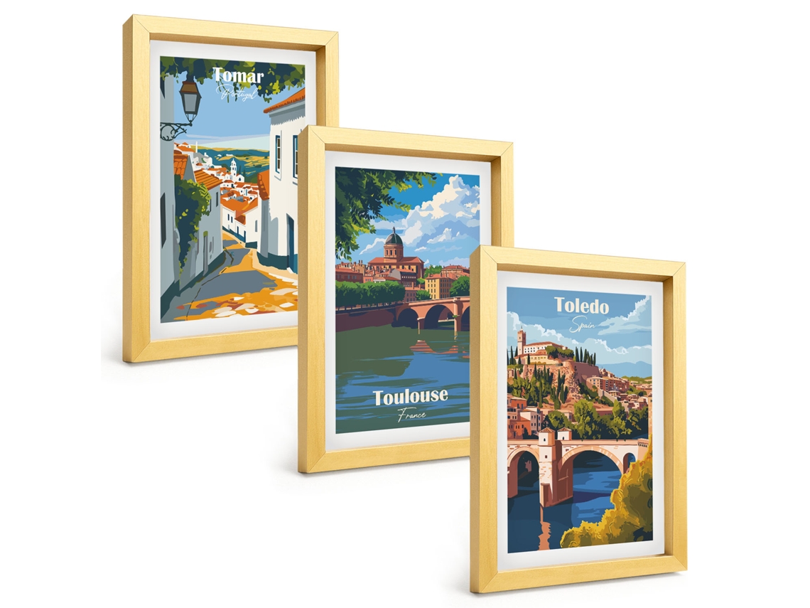 Composição De Quadrosgráficos De Cidades Retrô Moldura Dourada Imagens Para Um Quarto Infantil Espelharte (3 Peças 20x30 Cm)