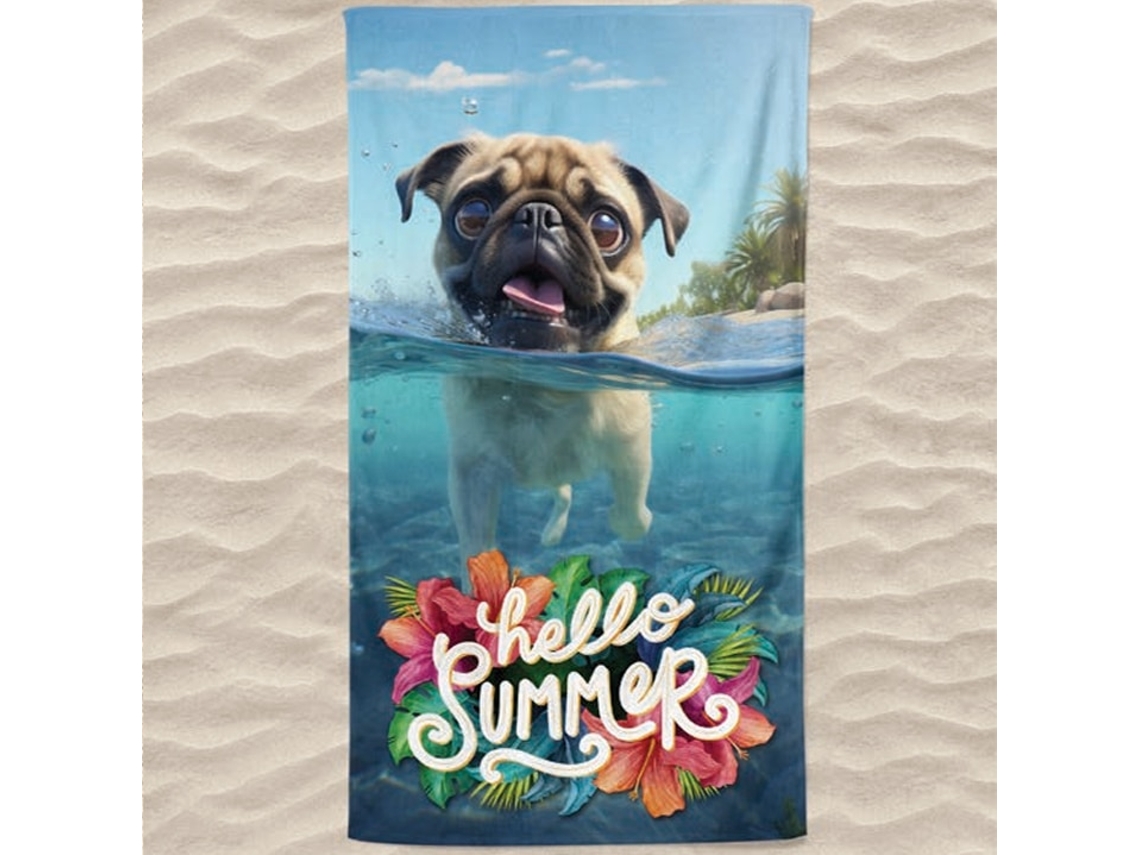 Toalha De Praia Microfibra Pug Hello Summer