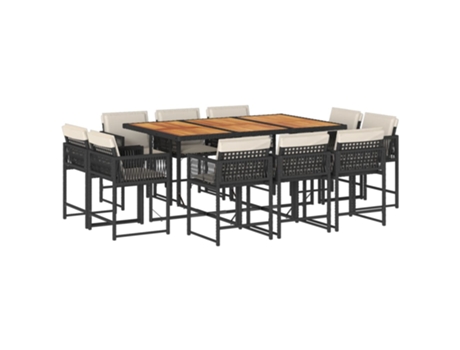 Conjunto 11 de jantar p/ jardim c/ almofadões VIDAXL vime PE preto