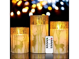 Velas Sem Chama com Timer e Controle Remoto 3 Pacotes com Veado Dourado Decoração Natal com Marca