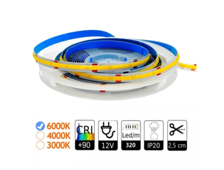 Cob Led Strip 12V 10W/M 1600 Leds Luz Fria 6000K 5000 Lm Cri 90 Ip20 Uso Interno Cuttable a Cada 2 ´5Cm Largura Da Tira 8Mm Bobina 5 Metros JANDEI