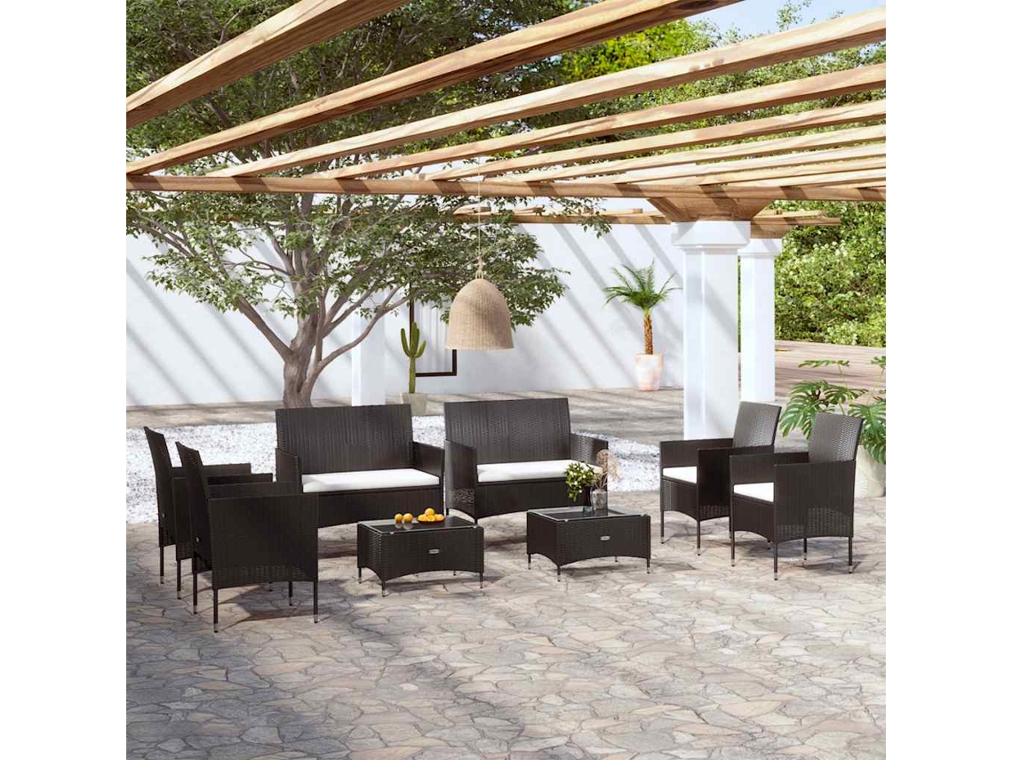 Vidaxl 8 Pcs Conjunto Lounge De Jardim C/ Almofadões Vime Pe Preto