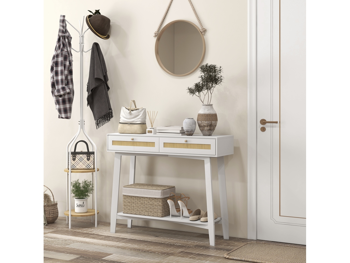 Mesa de Entrada Branca com 2 Gavetas de Vime, Consola para Sala e Corredor 100x30x81 Cm