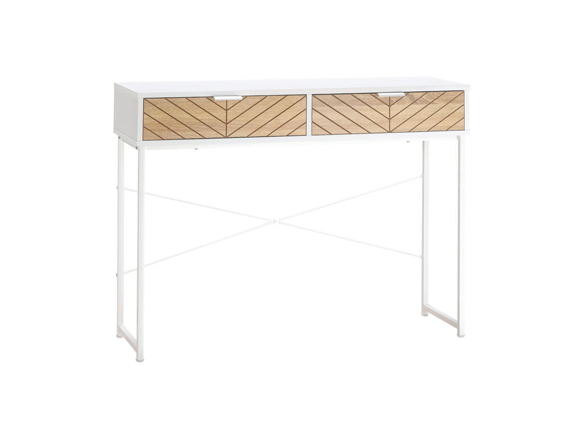 Mesa De Console Industrial Com 2 Gavetas, Acabamento Em Carvalho Entalhado, Padrão Chevron, Base De Metal, Branca.