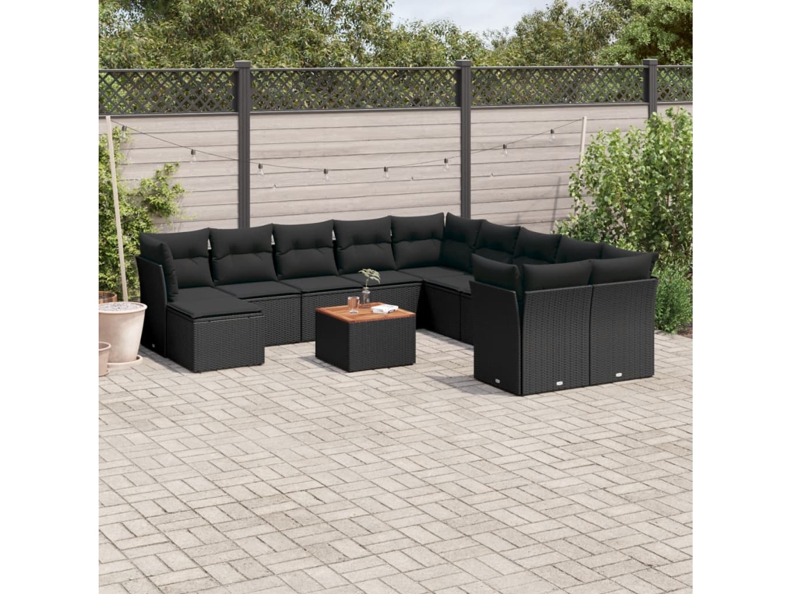 12 Pcs Conjunto De Sofá Jardim C/ Almofadões Vime Pe Preto Dkd Home Decor
