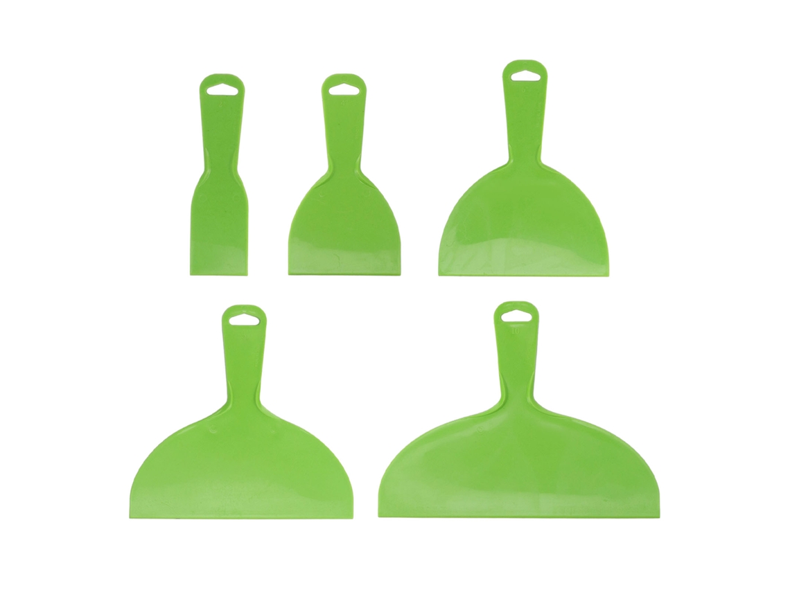 Conjunto de 5 espátulas multiuso flexíveis de plástico para massa, ideais para pintura, gesso e enchimento, na cor verde.