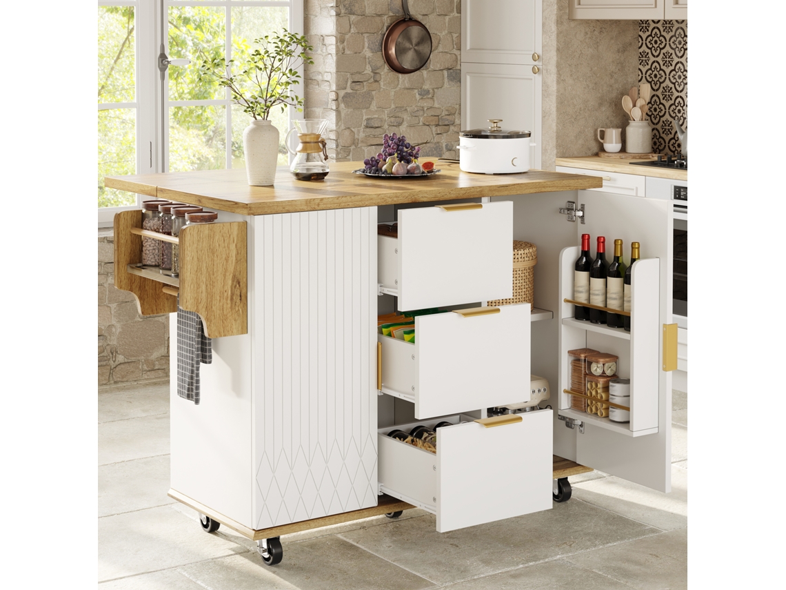 Carrinho De Cozinha Com Bancada Rebatível, Tomada Elétrica, Rodas E Design Madeira Branco