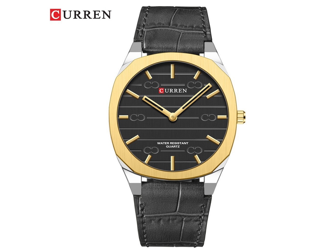 Relógio Masculino com Pulseira em Couro, Modelo de Negócios, Leve e Fino, Relógio de Quartzo Casual para Homem MDUG (coroa Dourada, Cor Preta)