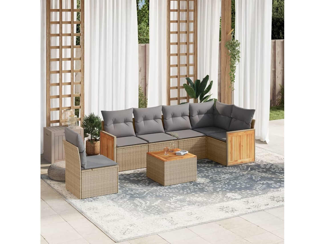 7 Pcs Conjunto De Sofás P/ Jardim Com Almofadões Vime Pe Bege Dkd Home Decor