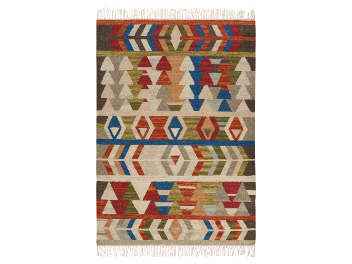 Tapete Retangular Tecido À Mão Com Franjas Decorativas Beliani Kaghsi De Lã Multicolor 140x200