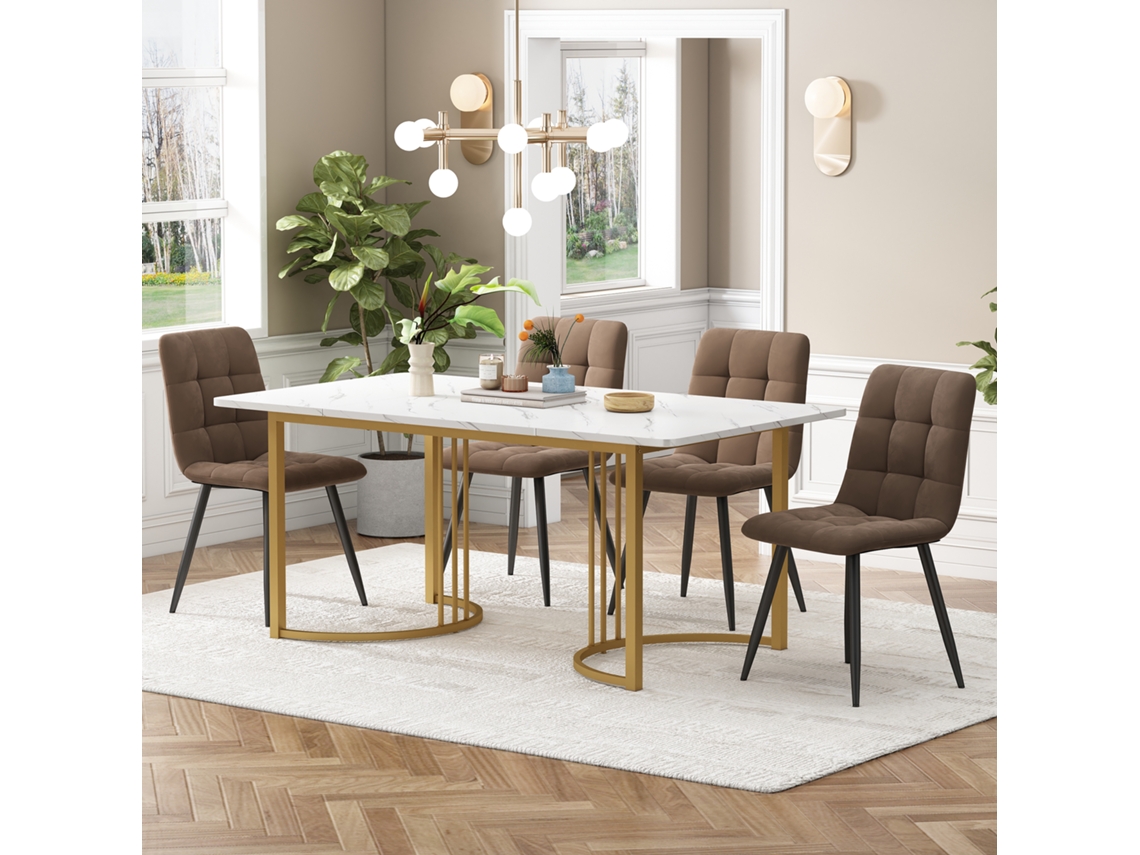 Mesa 140cm com 4 Cadeiras Veludo Marrom e Dourado VOLTEDGE