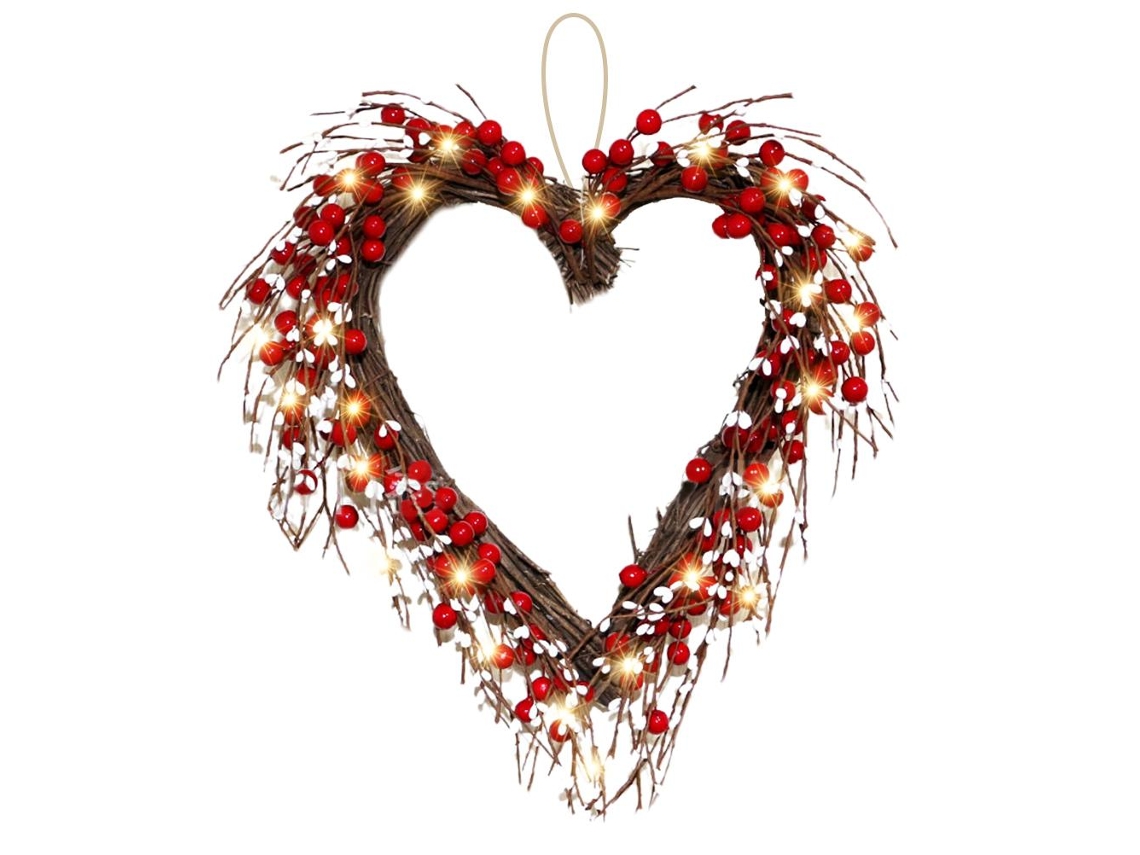 Wreath de S. Valentim com Luzes Led e Frutos Vermelhos para Porta