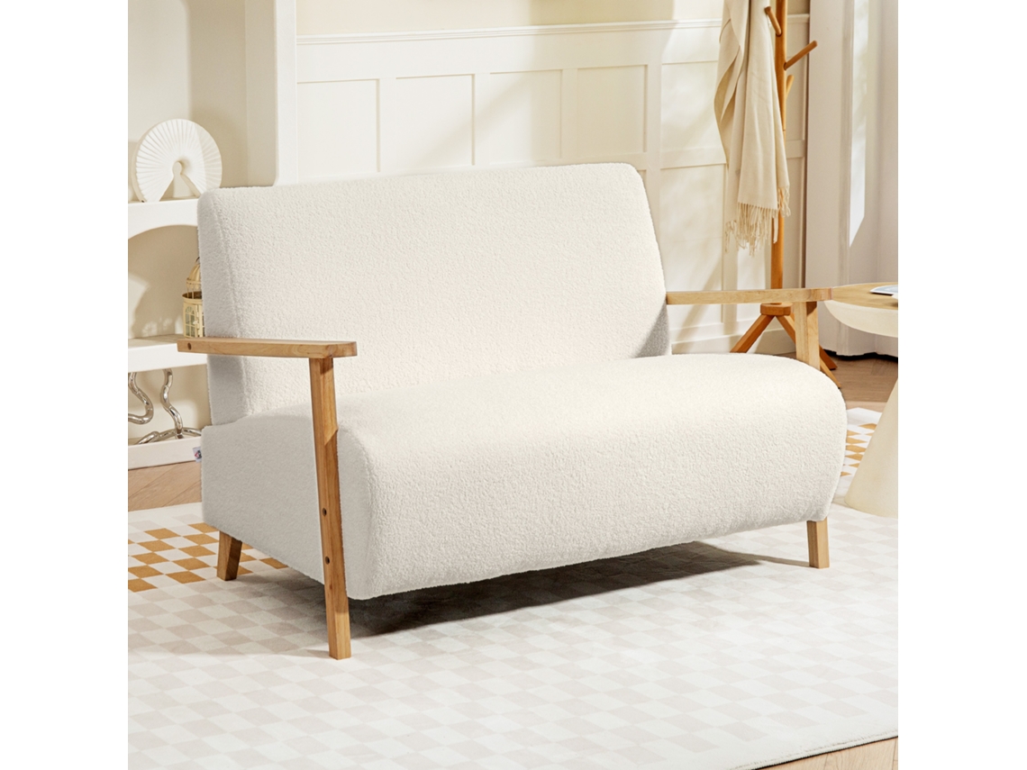 Sofá De 2 Lugares Estofado Borreguito Com Acolchoado Espesso Apoios Braço E Pés Madeira 118x76x78 Cm Creme