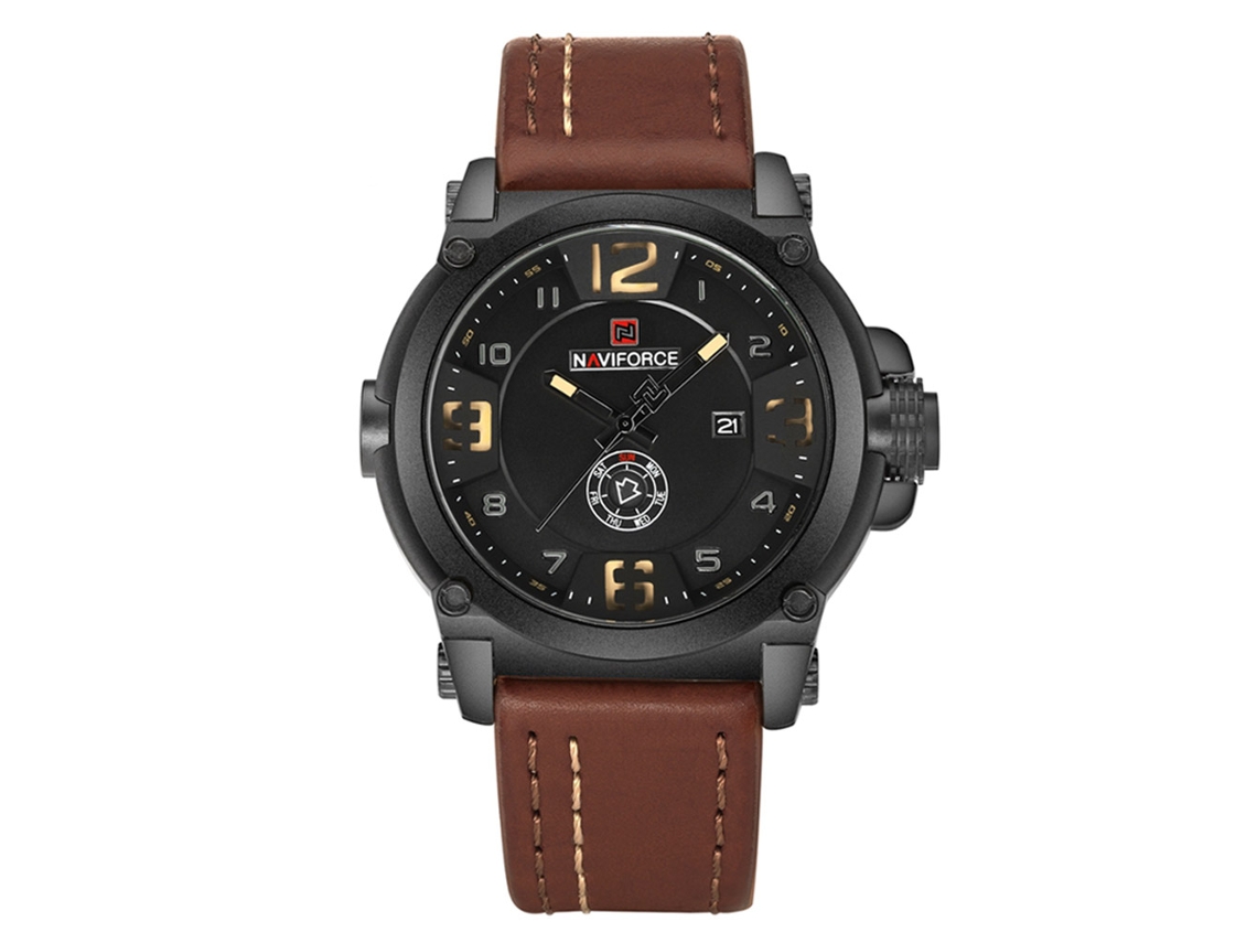 Relógio masculino Naviforce com mostrador preto, pulseira cáqui, resistente à água e calendário.
