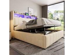 Cama Estofada 160200cm Com Iluminação Led E Tomada Usb, Cabeceira Com Prateleiras E Espaço De Arrumação Liptaptyn (sem Colchão)