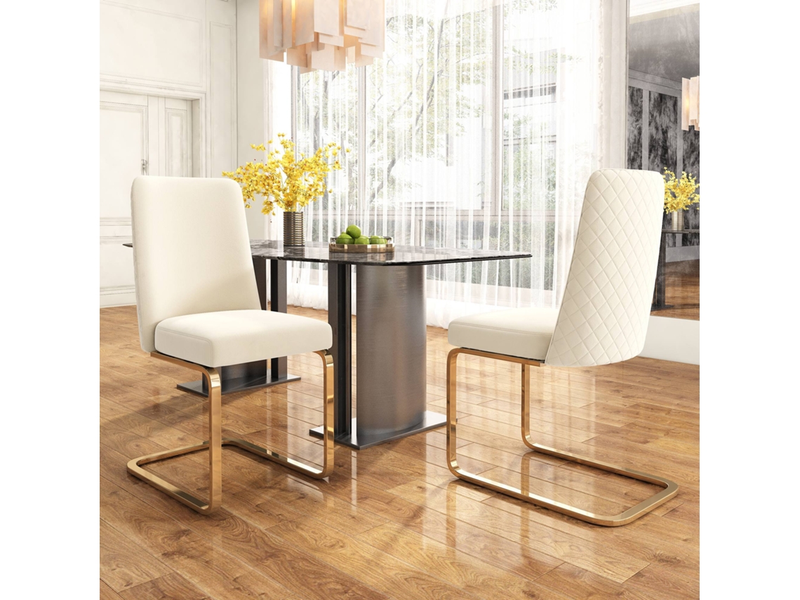 Conjunto De 2 Cadeiras Cantilever Em Veludo Encosto Com Padrão Em Losango Base Em Metal Dourado Bege Estilo