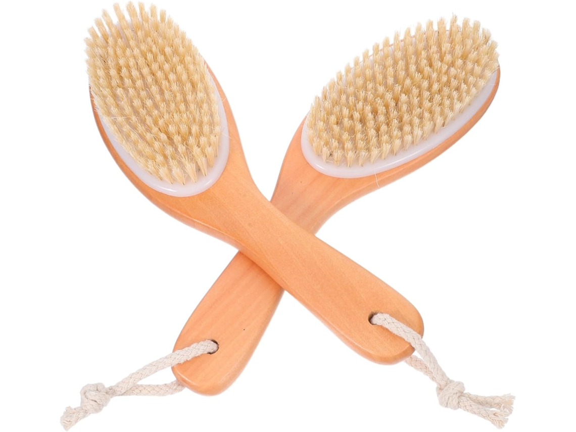Escova De Massagem Corporal Com Cabo Madeira, Cerdas, Conjunto Com 2 | Bege, Para Banho E Esfoliação, Tamanho Portátil