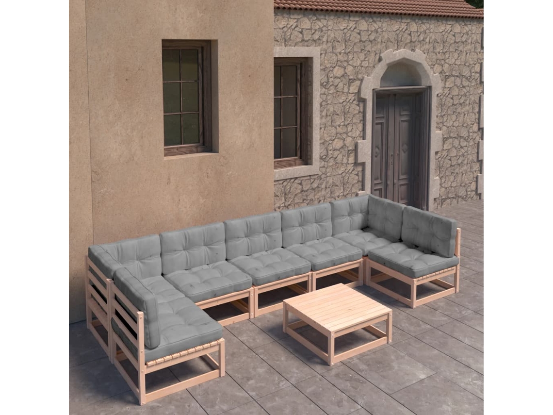 Vidaxl 8 Pcs Conjunto Lounge De Jardim C/ Almofadões Pinho Maciço