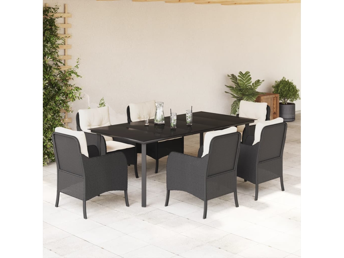 Conjunto 7 Peças Jantar P/ Jardim C/ Almofadões Vime Pe Preto Dkd Home Decor